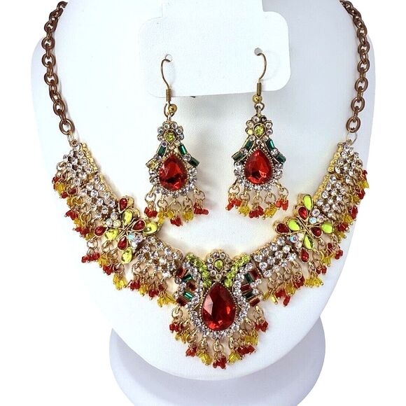 Indian Statement Crystal Necklace & Earrings Set Red Green Gold-Tone Bridal - Picture 1 of 16